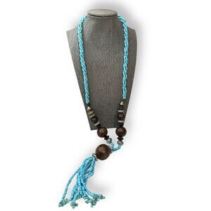Long Beaded Tassel Necklace Blue Glass Seed Beads Brown Wood Beads 30"